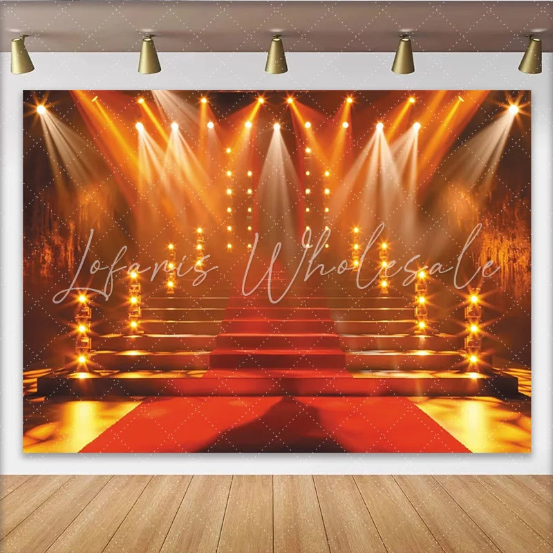 Lofaris Red Carpet Stage Photography Backdrop with Grand Staircase and Spotlights Luxurious Event Background for Awards Ceremony