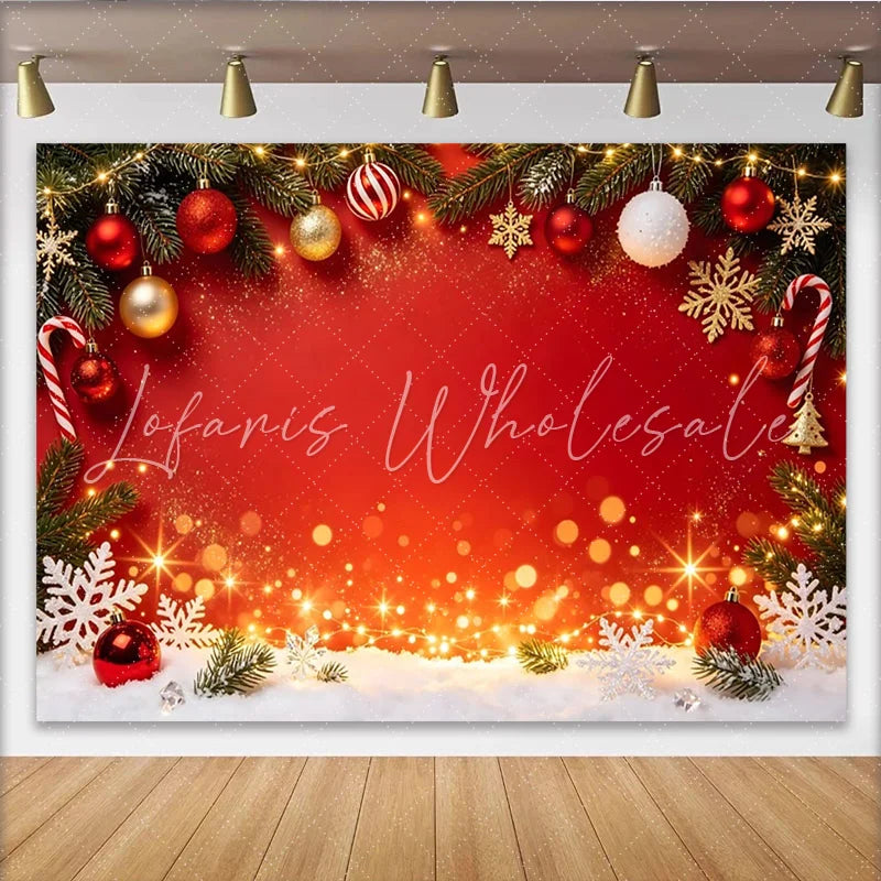 Lofaris Red Christmas Backdrop with Pine Branches Ornaments and Snowflakes Festive Holiday Decor for Winter Party Photography