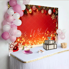 Lofaris Red Christmas Backdrop with Pine Branches Ornaments and Snowflakes Festive Holiday Decor for Winter Party Photography
