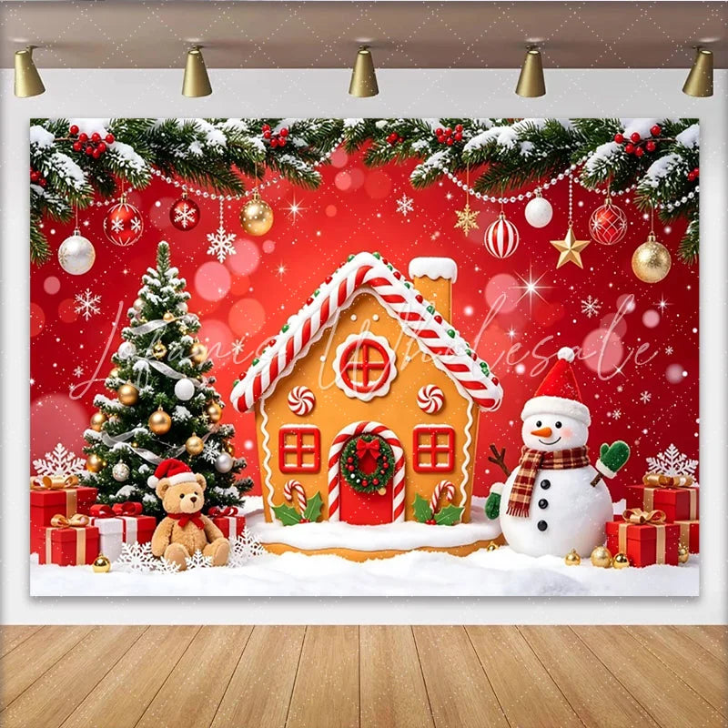 Lofaris Red Christmas Gingerbread House Backdrop with Snowman and Tree Festive Winter Holiday Background for Party Decoration