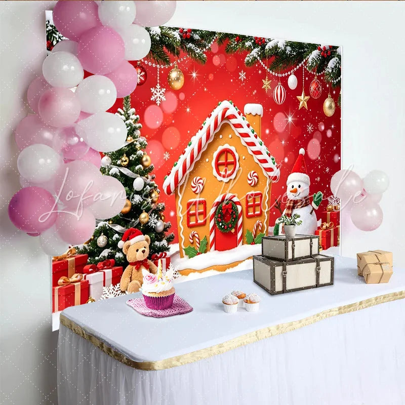 Lofaris Red Christmas Gingerbread House Backdrop with Snowman and Tree Festive Winter Holiday Background for Party Decoration