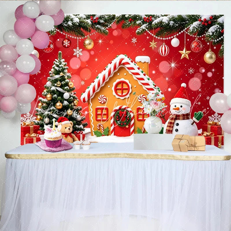 Lofaris Red Christmas Gingerbread House Backdrop with Snowman and Tree Festive Winter Holiday Background for Party Decoration