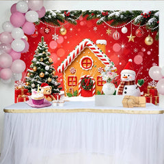 Lofaris Red Christmas Gingerbread House Backdrop with Snowman and Tree Festive Winter Holiday Background for Party Decoration