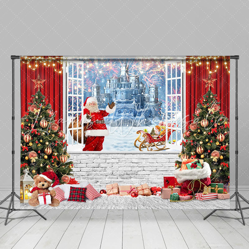 Lofaris Red Curtain Frozen Castle Window Christmas Backdrop