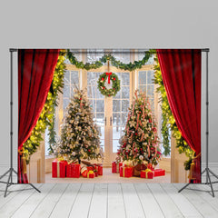 Lofaris Red Curtains Garland Christmas Tree Photo Backdrop