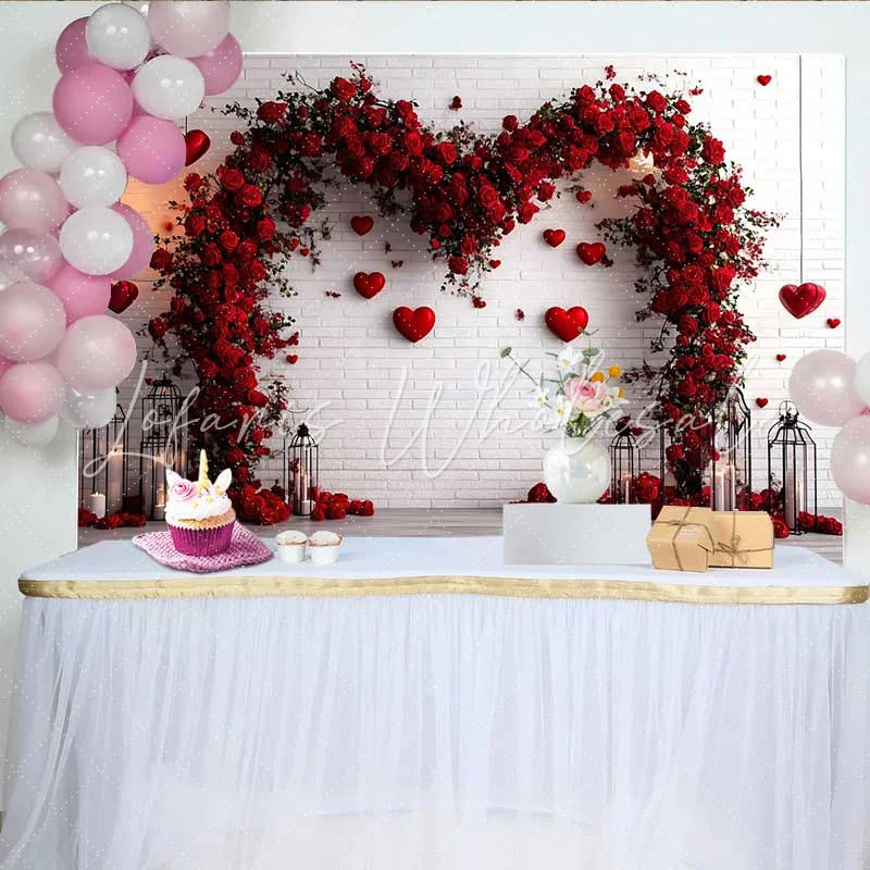 Lofaris Red Floral Heart Arch Backdrop White Brick Wall with Hanging Hearts for Valentine’s Day Wedding Romantic Party Background