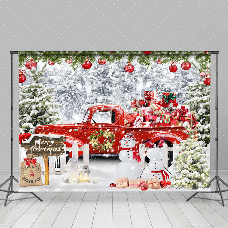 Lofaris Red Gift Truck Snowman Winter Christmas Backdrop