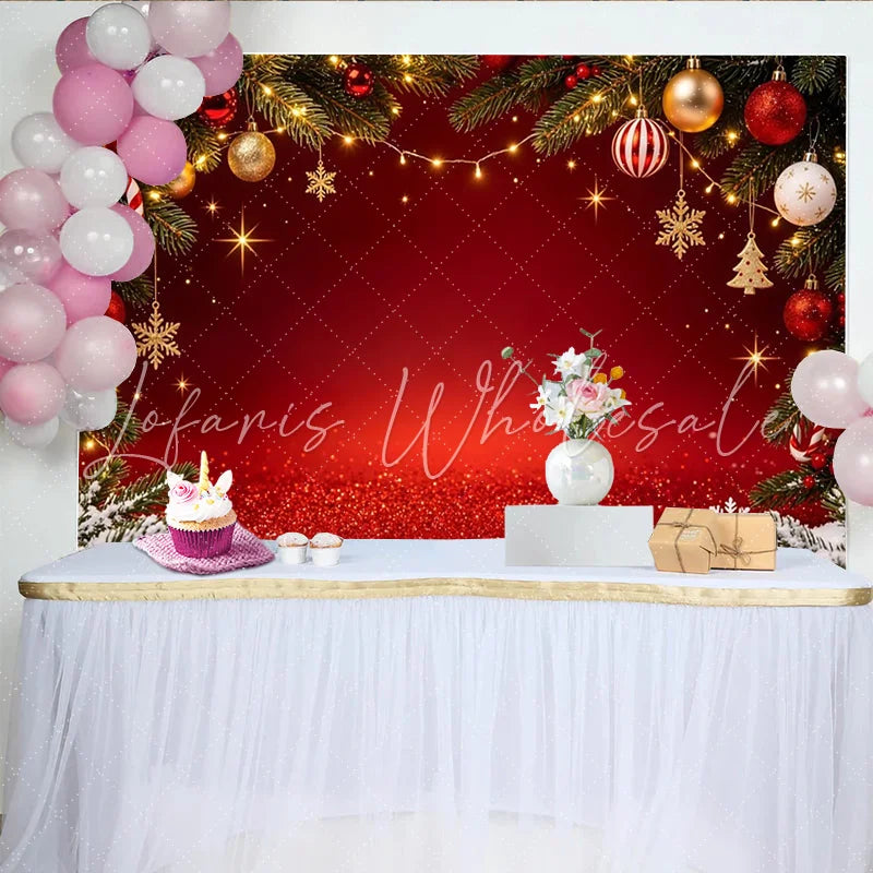 Lofaris Red Glitter Christmas Backdrop with Pine Branches and Ornaments Sparkling Holiday Background for Festive Party Decor