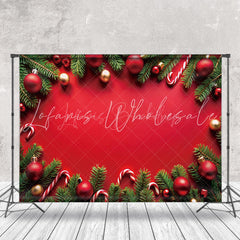 Lofaris Red Gold Bauble Candy Pine Leaves Christmas Backdrop