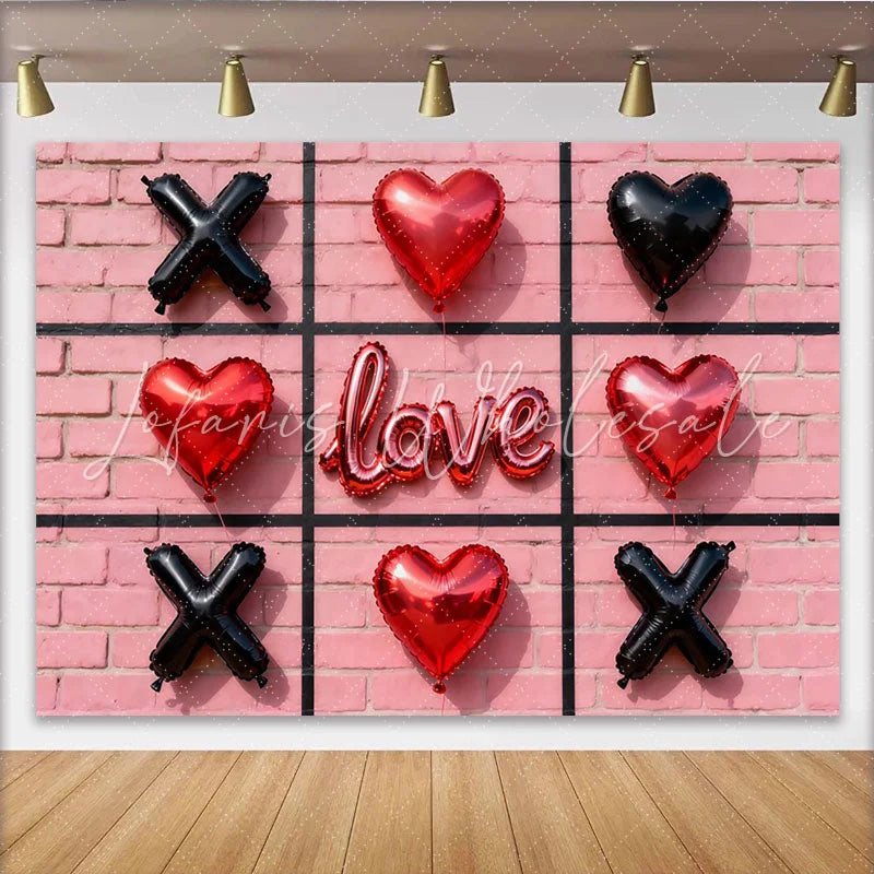 Lofaris Red Heart and Black X Balloons Love Script Party Backdrop Pink Brick Wall Tic-Tac-Toe Game Theme