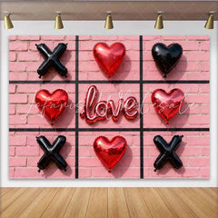 Lofaris Red Heart and Black X Balloons Love Script Party Backdrop Pink Brick Wall Tic-Tac-Toe Game Theme