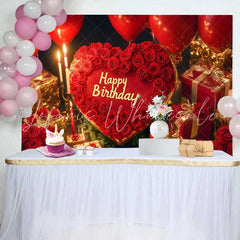 Lofaris Red Heart and Roses Happy Birthday Backdrop Elegant Gold Gifts and Balloons Party Decor