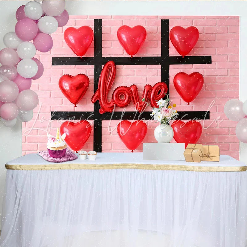 Lofaris Red Heart Balloons and Love Tic-Tac-Toe Party Backdrop Romantic Valentine’s Day Celebration Decor