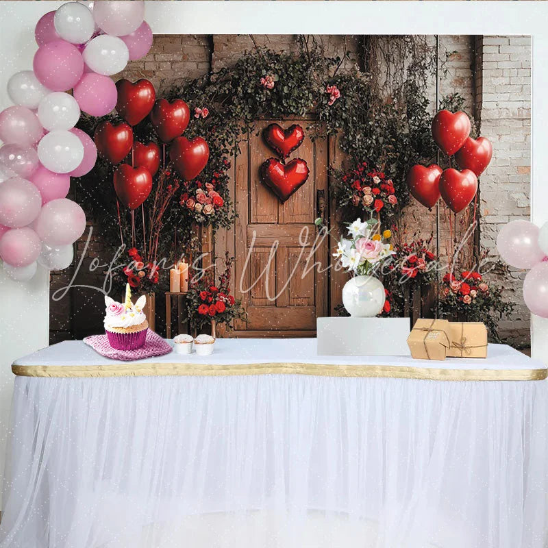 Lofaris Red Heart Balloons Valentines Day Backdrop with Roses and Candles Rustic Brick Wall Photo Background for Romantic Party Decor