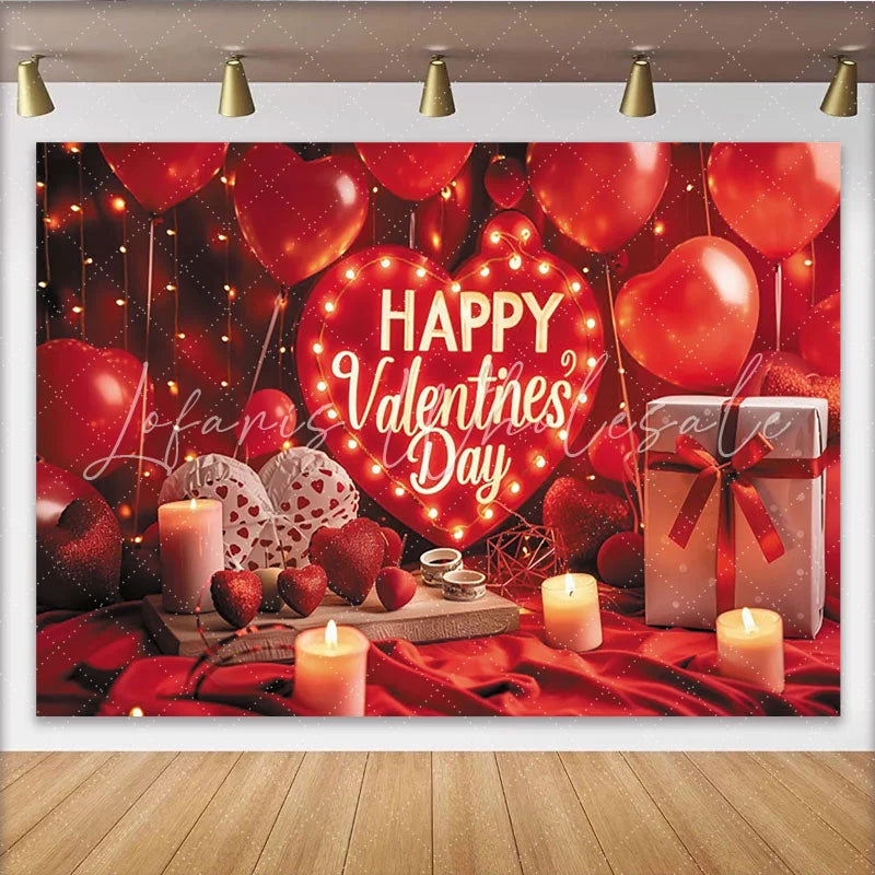 Lofaris Red Heart Happy Valentine’s Day Party Backdrop Romantic Balloons and String Lights Decor