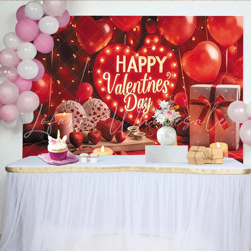 Lofaris Red Heart Happy Valentine’s Day Party Backdrop Romantic Balloons and String Lights Decor