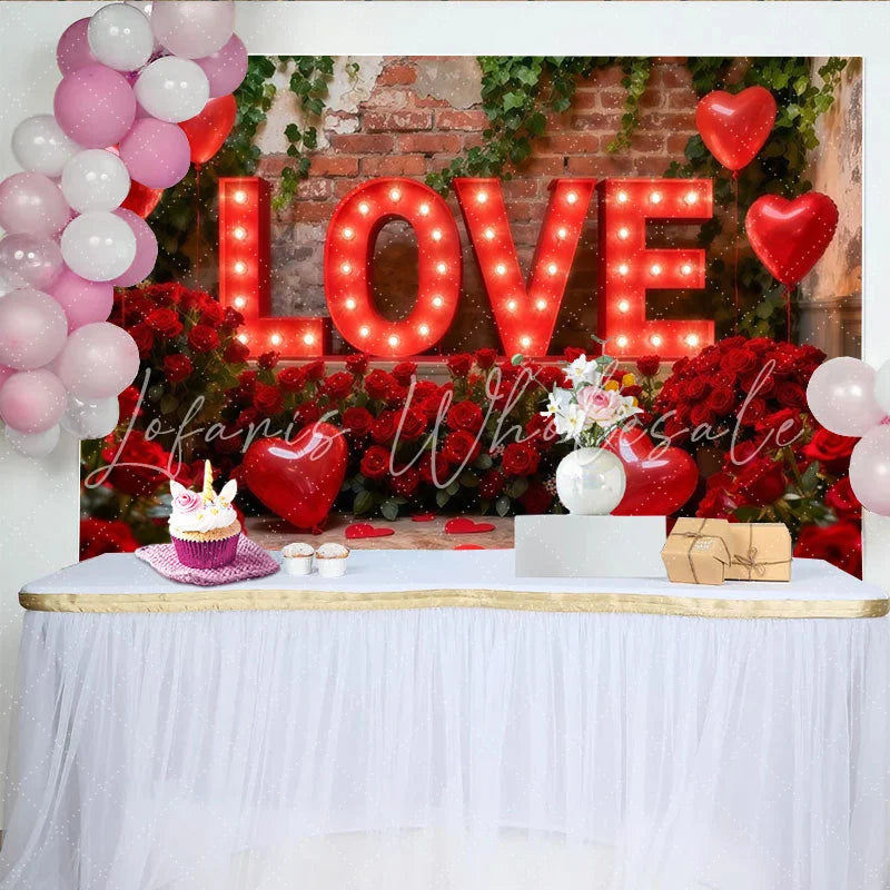 Lofaris Red Illuminated LOVE Letters and Roses Heart Balloons Party Backdrop Romantic Valentine’s Day Anniversary Decor