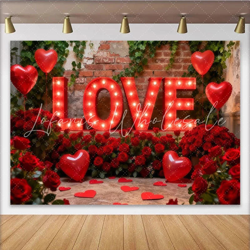Lofaris Red Illuminated LOVE Letters and Roses Heart Balloons Party Backdrop Romantic Valentine’s Day Anniversary Decor