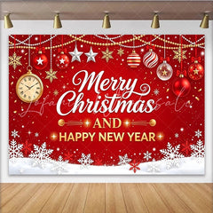 Lofaris Red Merry Christmas and Happy New Year Holiday Backdrop Golden Ornaments and Snowflakes Background for Festive Party Decor
