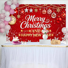 Lofaris Red Merry Christmas and Happy New Year Holiday Backdrop Golden Ornaments and Snowflakes Background for Festive Party Decor