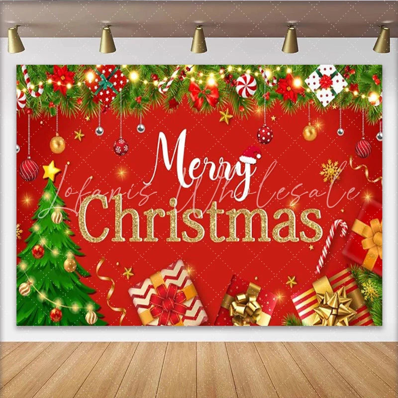 Lofaris Red Merry Christmas Backdrop Classic Xmas Tree Gifts Ornaments Background Winter Holiday Family Party Photo Booth Prop