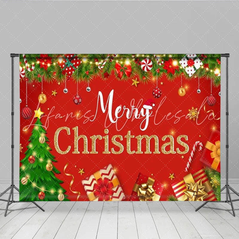 Lofaris Red Merry Christmas Backdrop Classic Xmas Tree Gifts Ornaments Background Winter Holiday Family Party Photo Booth Prop