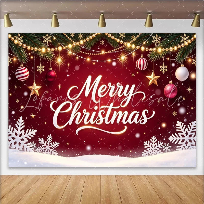 Lofaris Red Merry Christmas Backdrop with Pine Branches and Ornaments Festive Winter Holiday Background for Party Decor