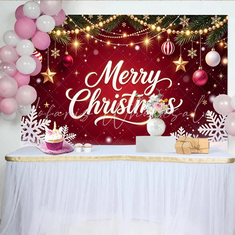 Lofaris Red Merry Christmas Backdrop with Pine Branches and Ornaments Festive Winter Holiday Background for Party Decor