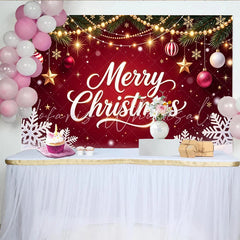 Lofaris Red Merry Christmas Backdrop with Pine Branches and Ornaments Festive Winter Holiday Background for Party Decor