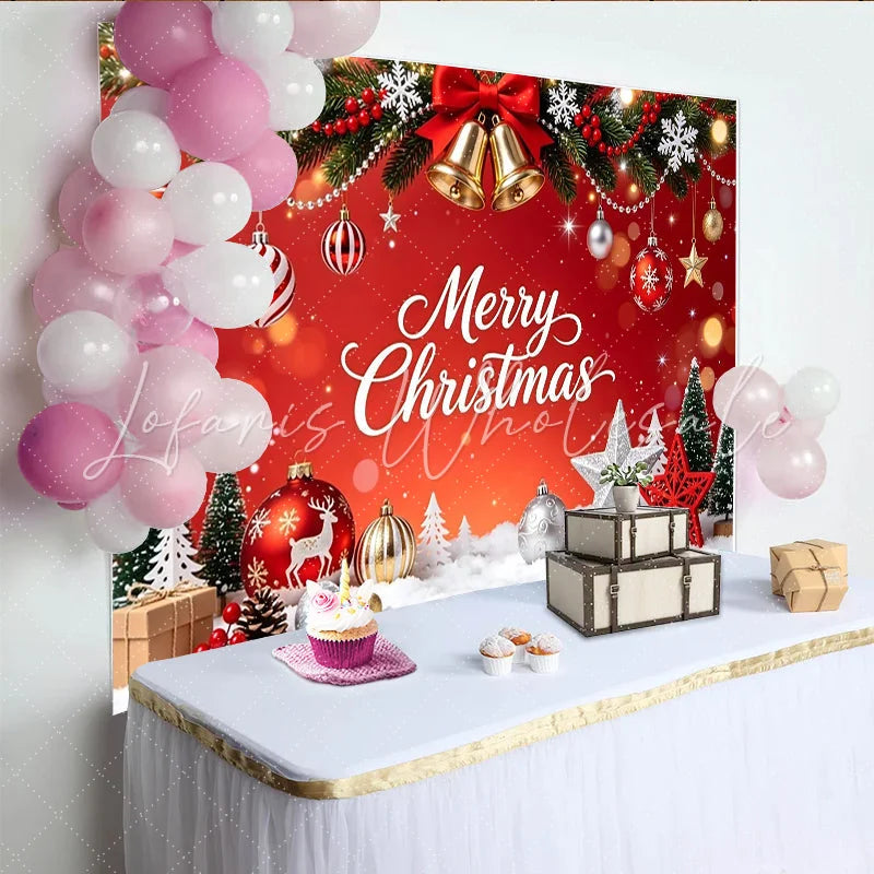 Lofaris Red Merry Christmas Backdrop with Snowflakes and Bells Festive Holiday Photography Background for Winter Party Decor