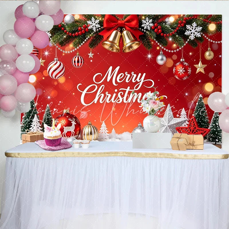 Lofaris Red Merry Christmas Backdrop with Snowflakes and Bells Festive Holiday Photography Background for Winter Party Decor