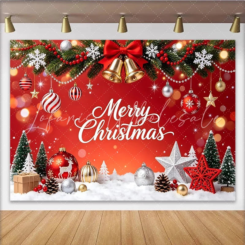 Lofaris Red Merry Christmas Backdrop with Snowflakes and Bells Festive Holiday Photography Background for Winter Party Decor