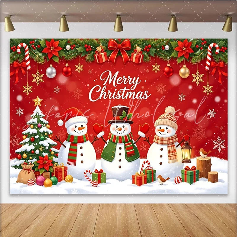 Lofaris Red Merry Christmas Backdrop with Snowmen and Christmas Tree Winter Holiday Party Photography Background