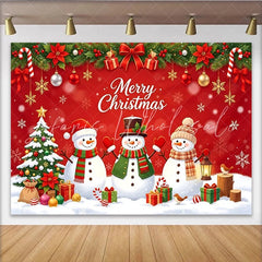 Lofaris Red Merry Christmas Backdrop with Snowmen and Christmas Tree Winter Holiday Party Photography Background