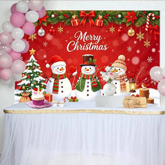Lofaris Red Merry Christmas Backdrop with Snowmen and Christmas Tree Winter Holiday Party Photography Background