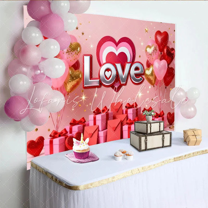 Lofaris Red Pink Gold Love Heart Balloons and Gifts Party Backdrop Romantic Valentine’s Day Anniversary Decor