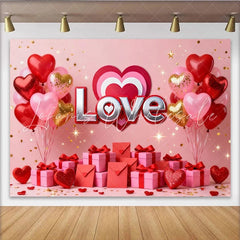 Lofaris Red Pink Gold Love Heart Balloons and Gifts Party Backdrop Romantic Valentine’s Day Anniversary Decor