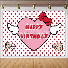 Lofaris Red Polka Dot Heart Birthday Backdrop with Cute Winged Bears Sweet Party Background for Girls Celebration Photo Booth Decor