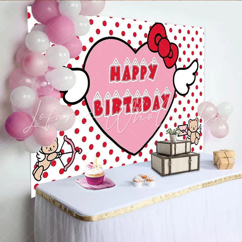 Lofaris Red Polka Dot Heart Birthday Backdrop with Cute Winged Bears Sweet Party Background for Girls Celebration Photo Booth Decor