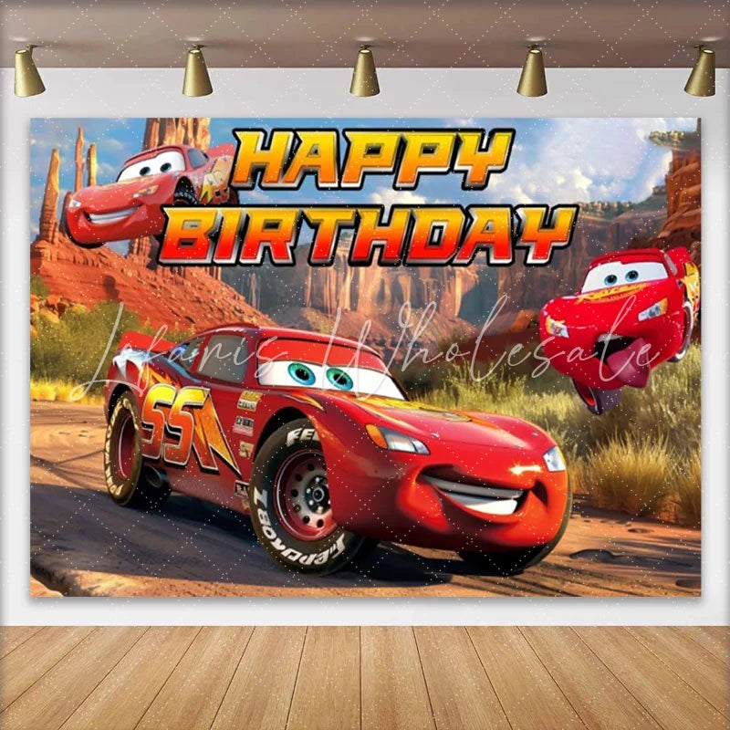 Lofaris Red Race Car Happy Birthday Backdrop Desert Canyon Racing Theme Party Decoration