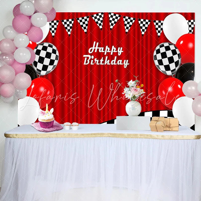 Lofaris Red Racing Happy Birthday Backdrop with Checkered Flags and Balloons Party Photography Background Decor
