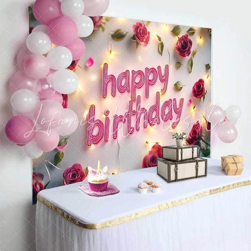 Lofaris Red Rose and Fairy Lights Happy Birthday Backdrop Romantic Floral Womens Party Photography Background