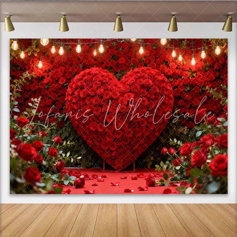Lofaris Red Rose Heart and String Lights Party Backdrop Romantic Valentine’s Day Wedding Anniversary Decor