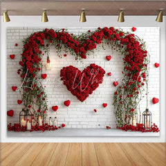 Lofaris Red Rose Heart Arch Backdrop White Brick Wall Floral Valentine’s Day Wedding Party Decoration Romantic Photo Studio Prop