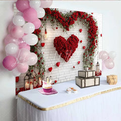 Lofaris Red Rose Heart Arch Backdrop White Brick Wall Floral Valentine’s Day Wedding Party Decoration Romantic Photo Studio Prop