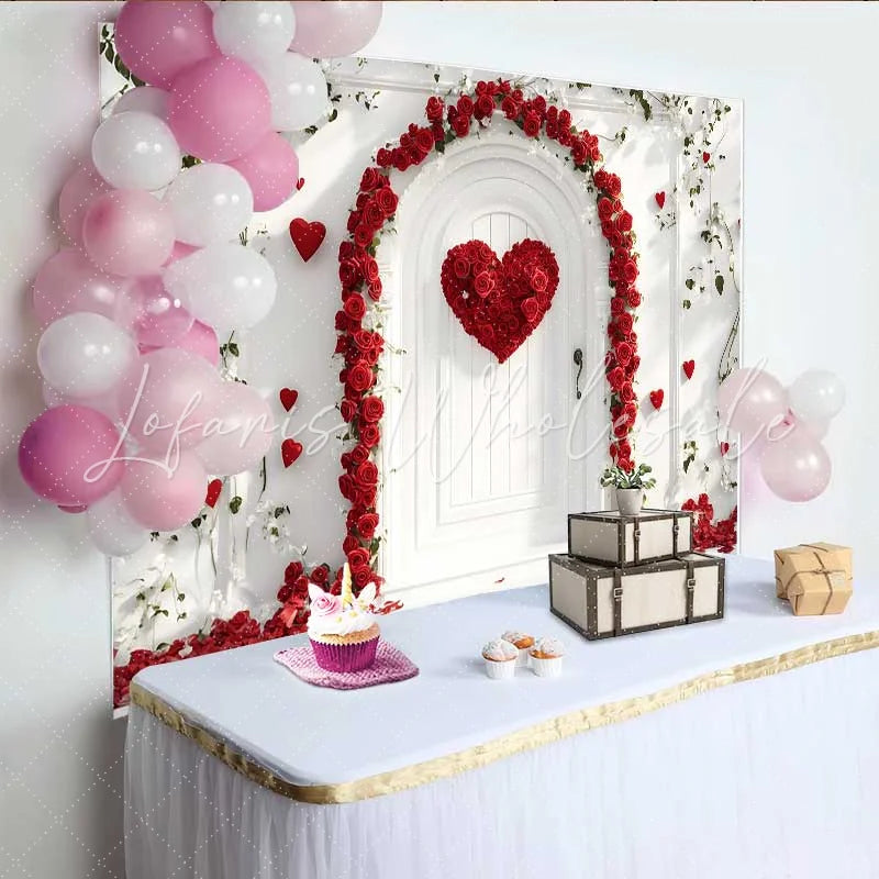 Lofaris Red Rose Heart Arch Backdrop White Door and Green Vines for Valentine’s Day Romantic Wedding Photography Background