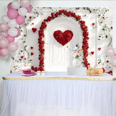 Lofaris Red Rose Heart Arch Backdrop White Door and Green Vines for Valentine’s Day Romantic Wedding Photography Background