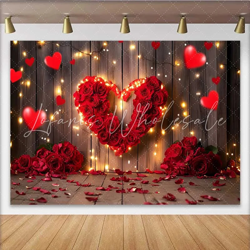 Lofaris Red Rose Heart Valentines Day Backdrop Glowing Fairy Lights and Rustic Wood Party Decoration