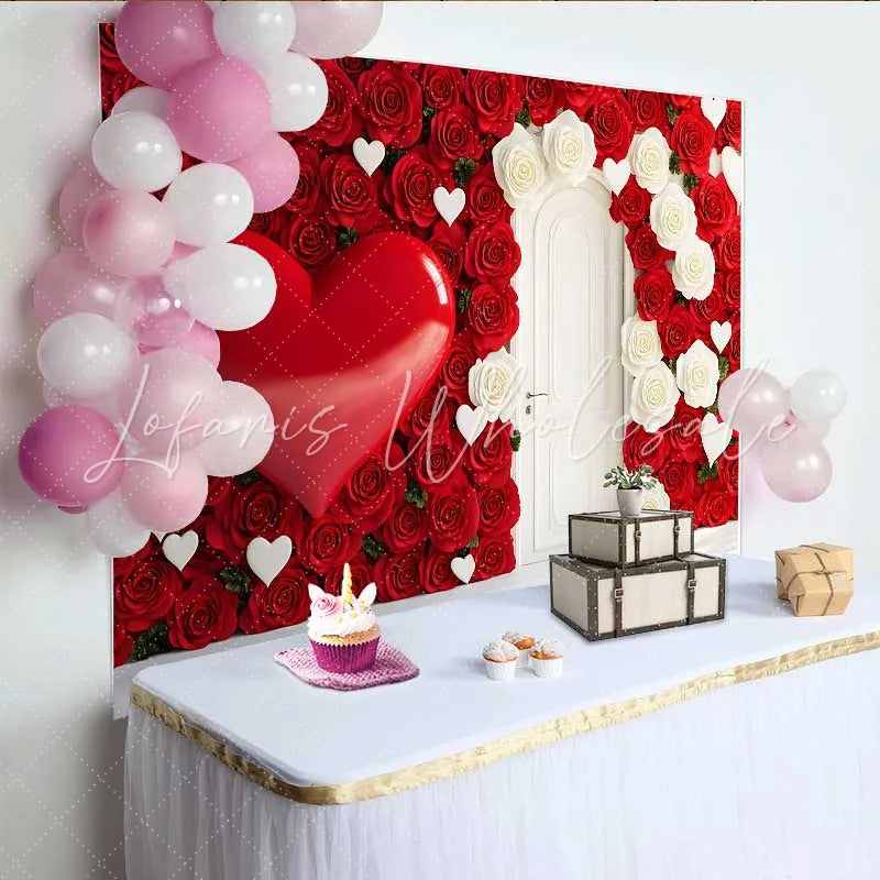 Lofaris Red Rose Wall Backdrop with White Door 3D Heart and Floral Wedding Decoration Romantic Valentine’s Day Photography Prop