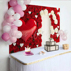 Lofaris Red Rose Wall Backdrop with White Door 3D Heart and Floral Wedding Decoration Romantic Valentine’s Day Photography Prop